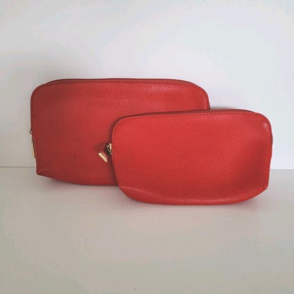 Furla 2 Piece Set Cases Red Leather Cosmetic Bags Pouch Small Good Condition - Picture 1 of 14